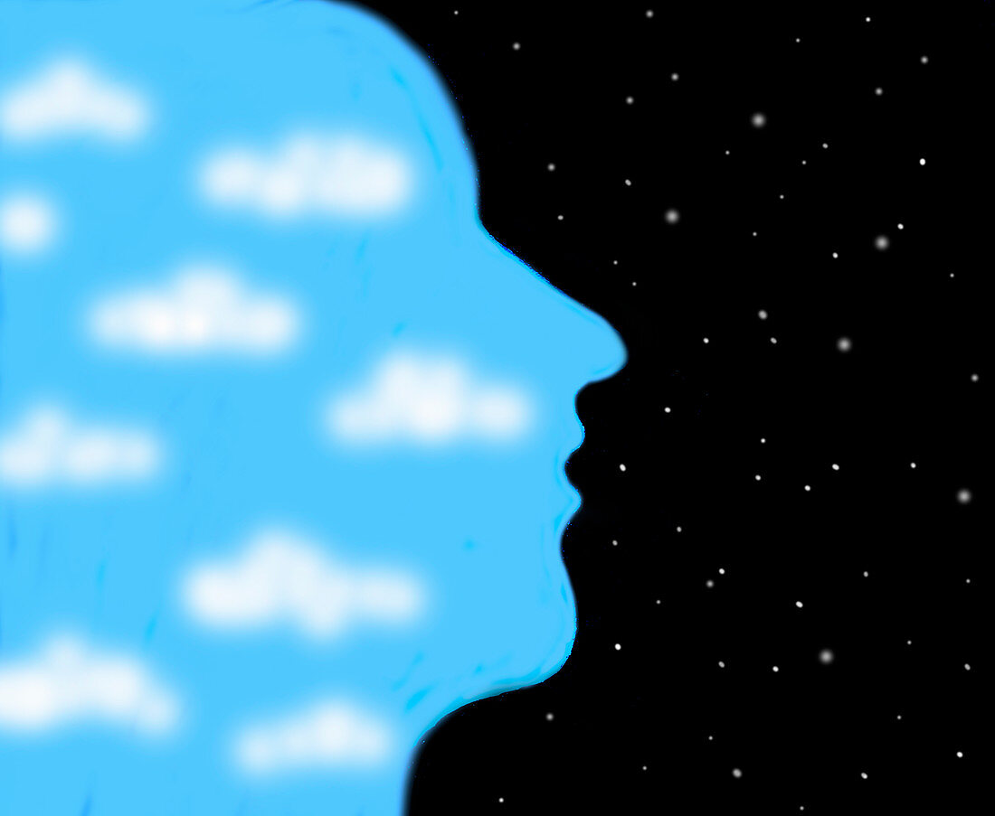 Sky and clouds inside of man's head, illustration