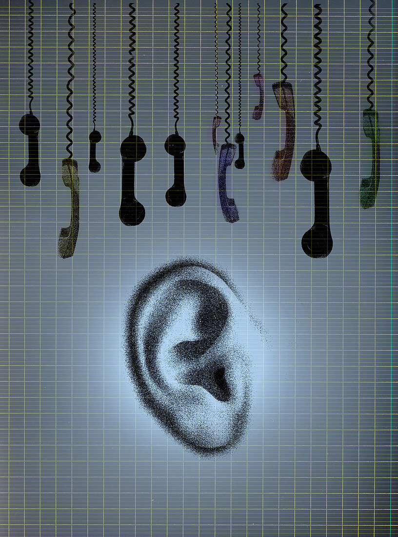 Dangling telephone receivers above ear, illustration