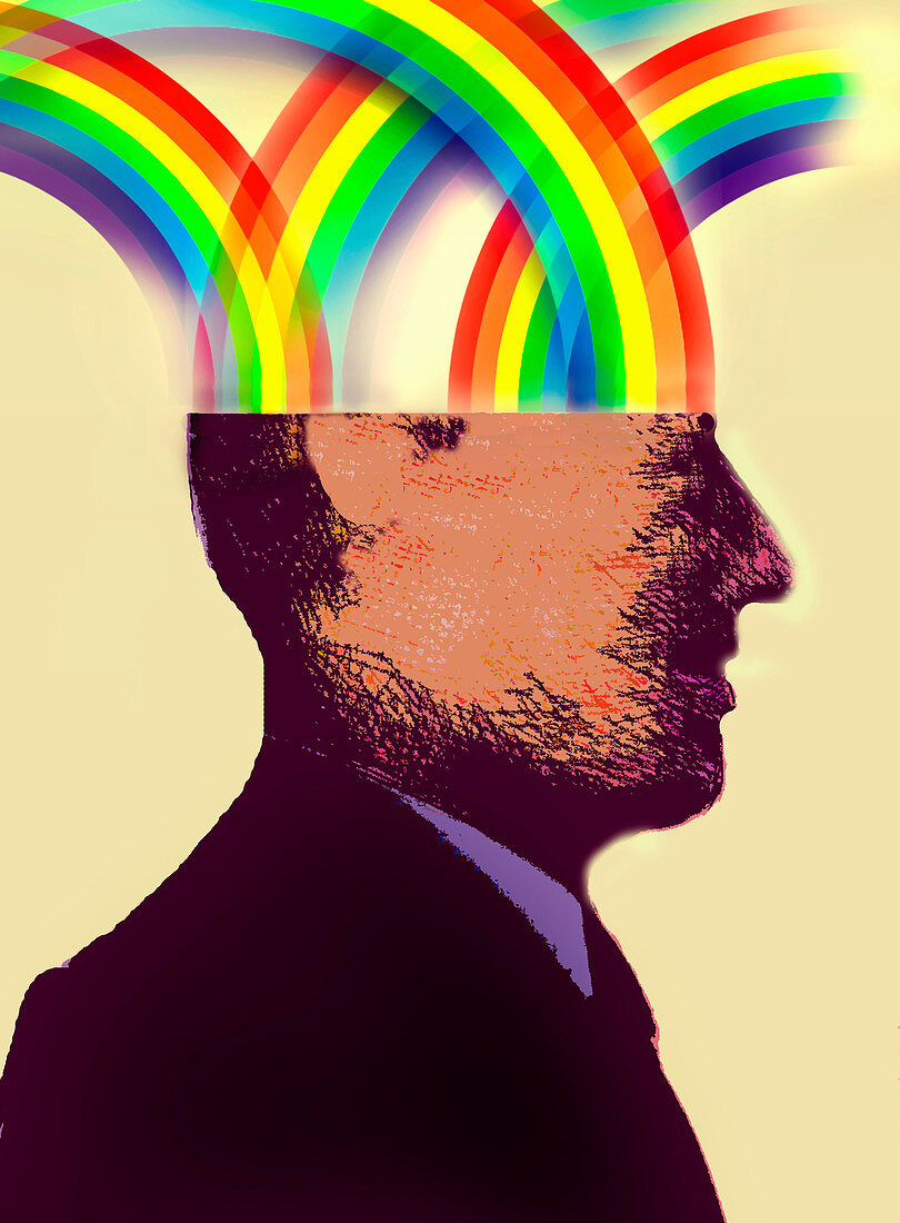 Businessman with rainbows inside of head, illustration