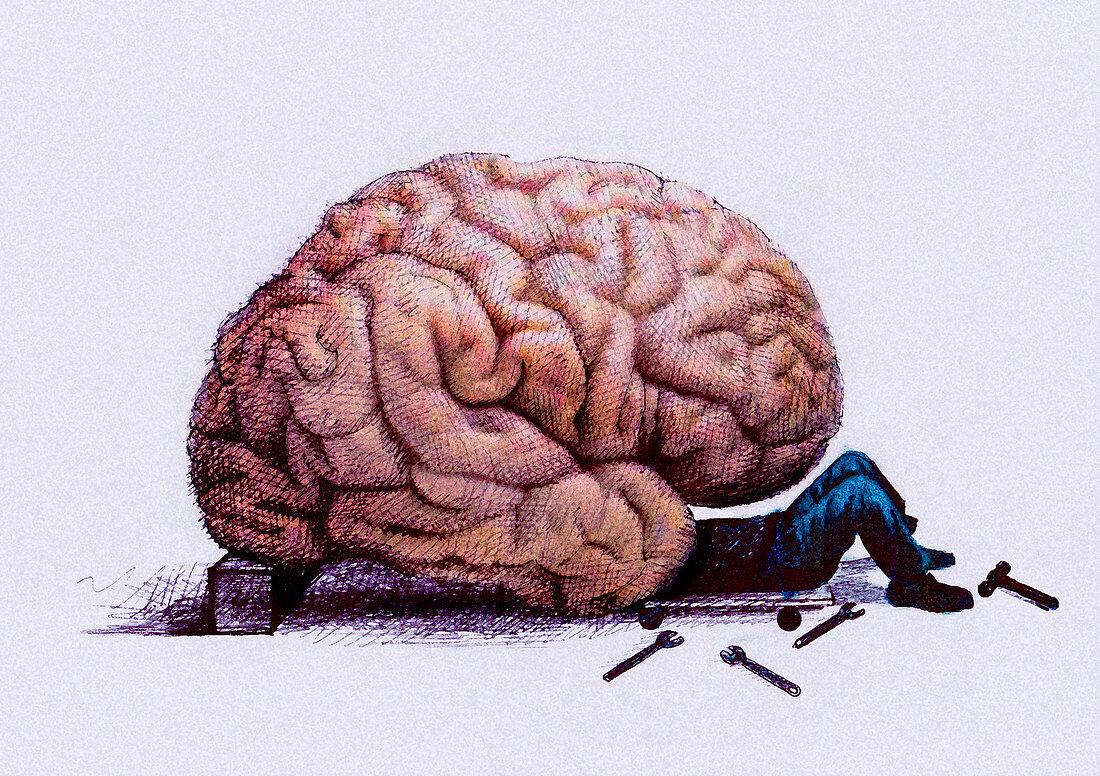 Mechanic repairing brain, illustration