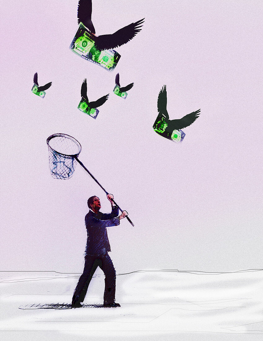 Businessman chasing flying dollars with net, illustration