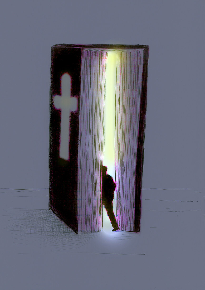 Man entering glowing bible, illustration