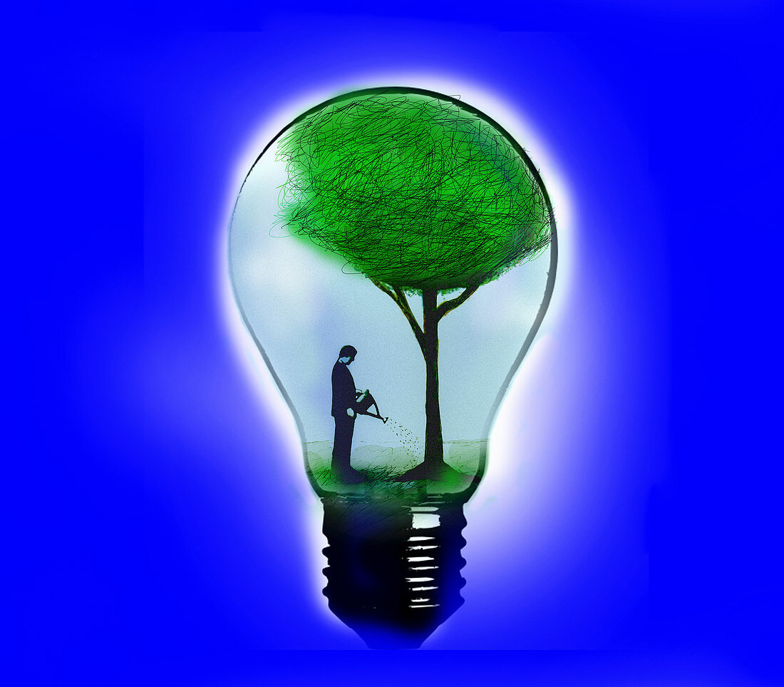 Businessman watering tree inside light bulb, illustration