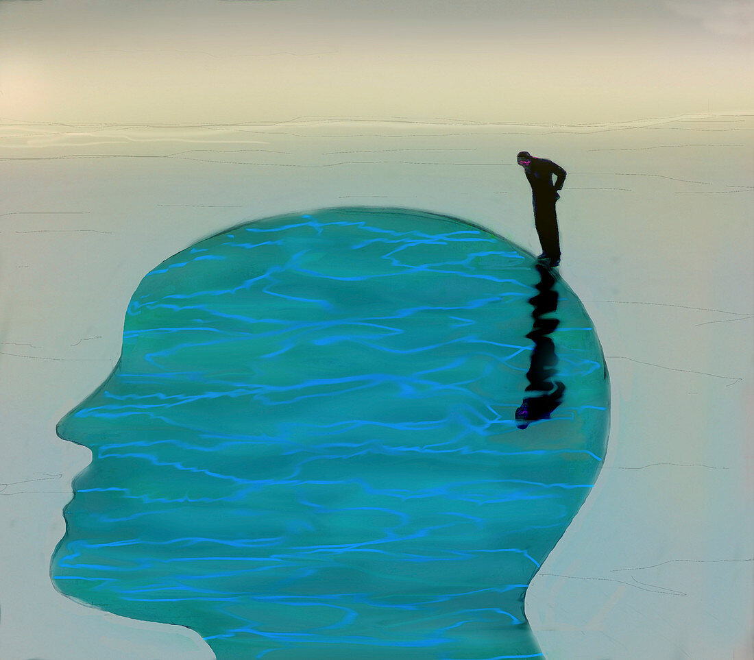 Man looking at water inside of head profile, illustration