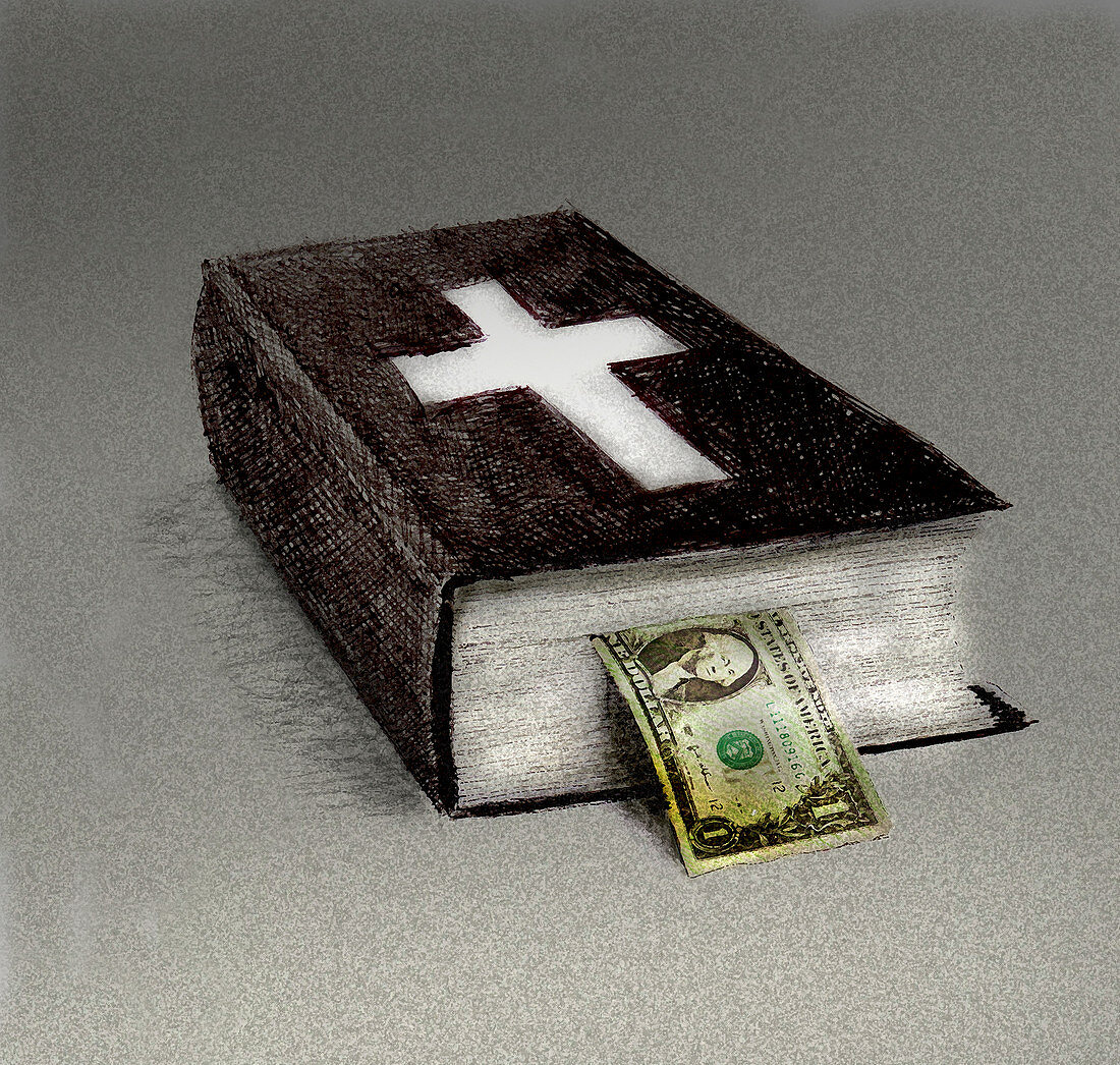 One dollar bill poking out of bible, illustration