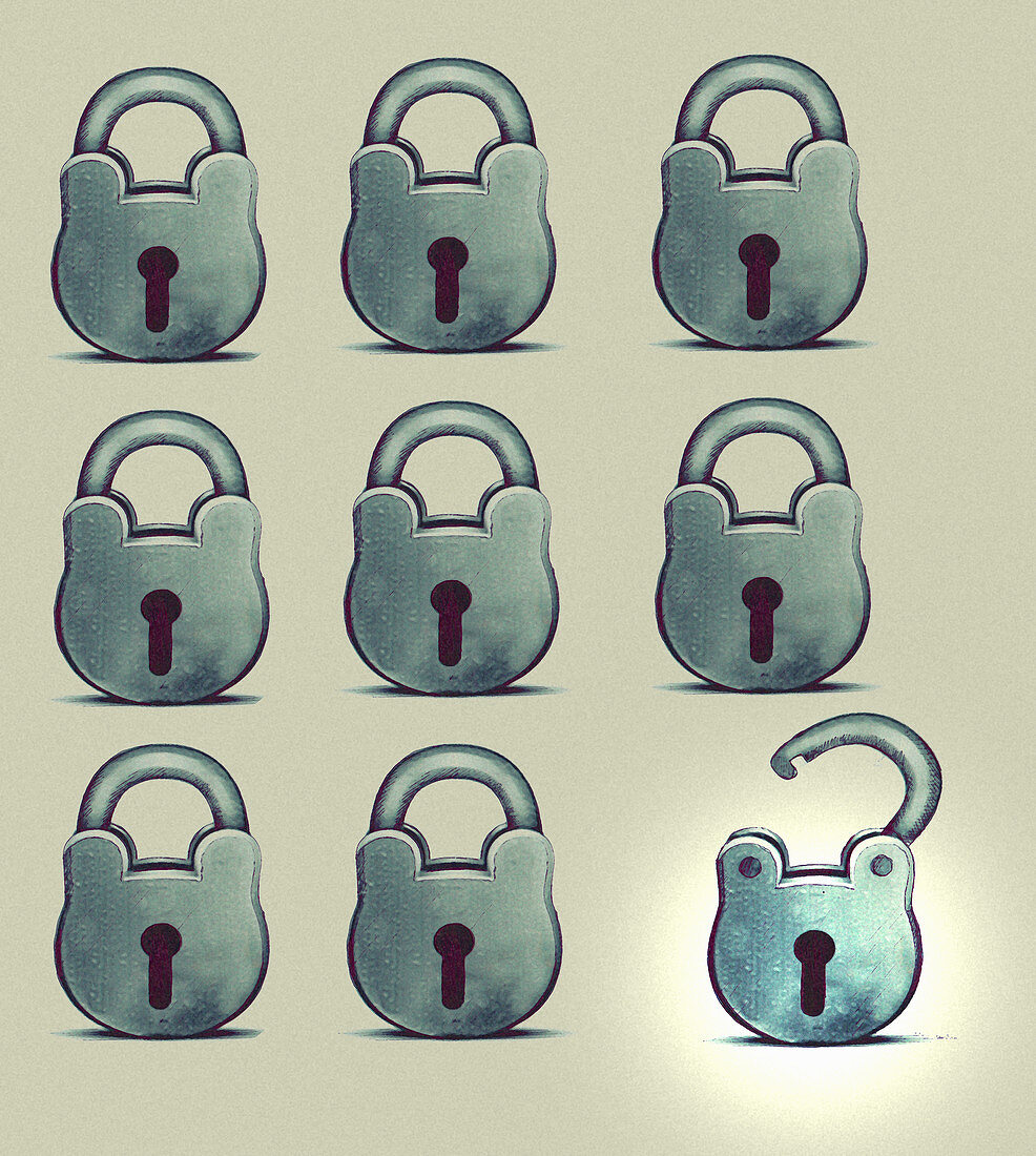 One open padlock among closed padlocks, illustration
