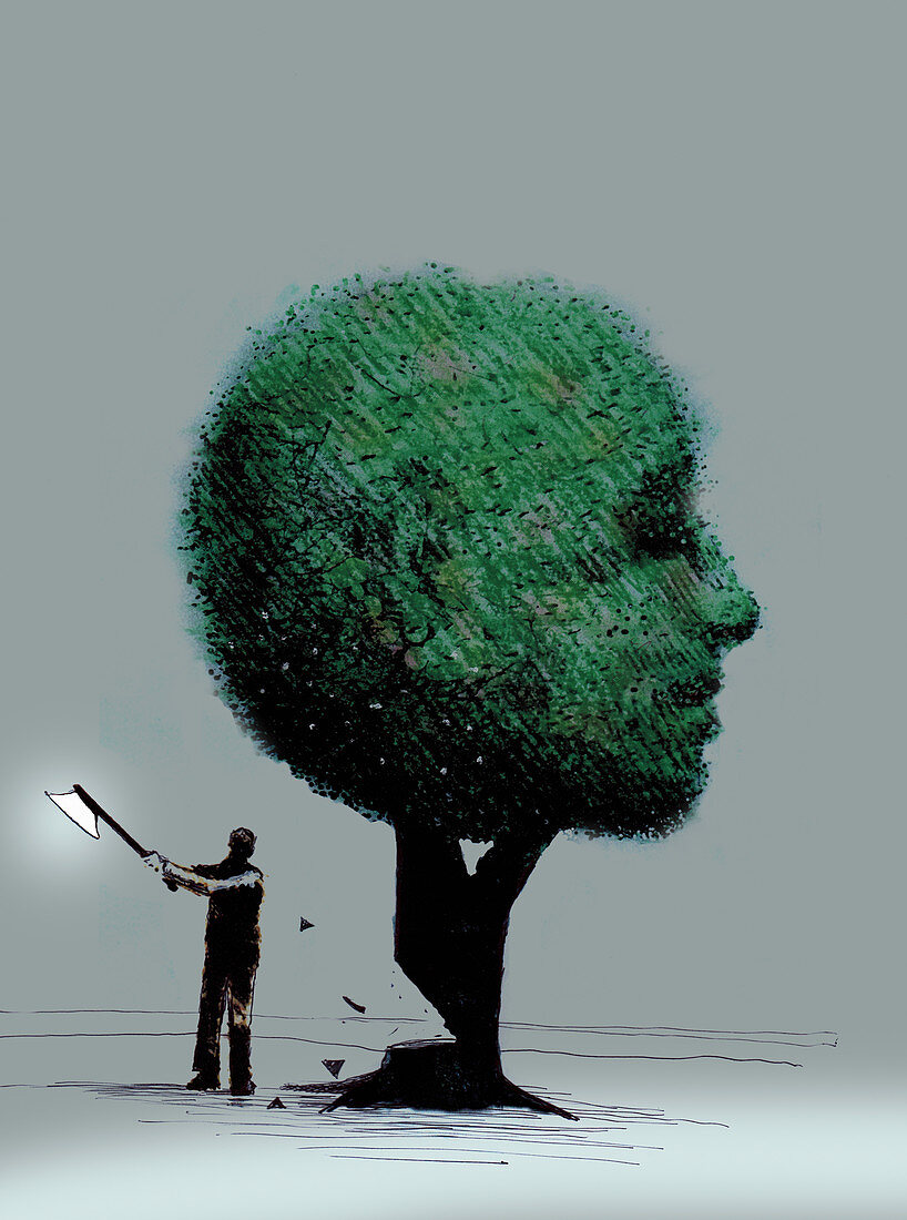 Man chopping down anthropomorphic face tree, illustration