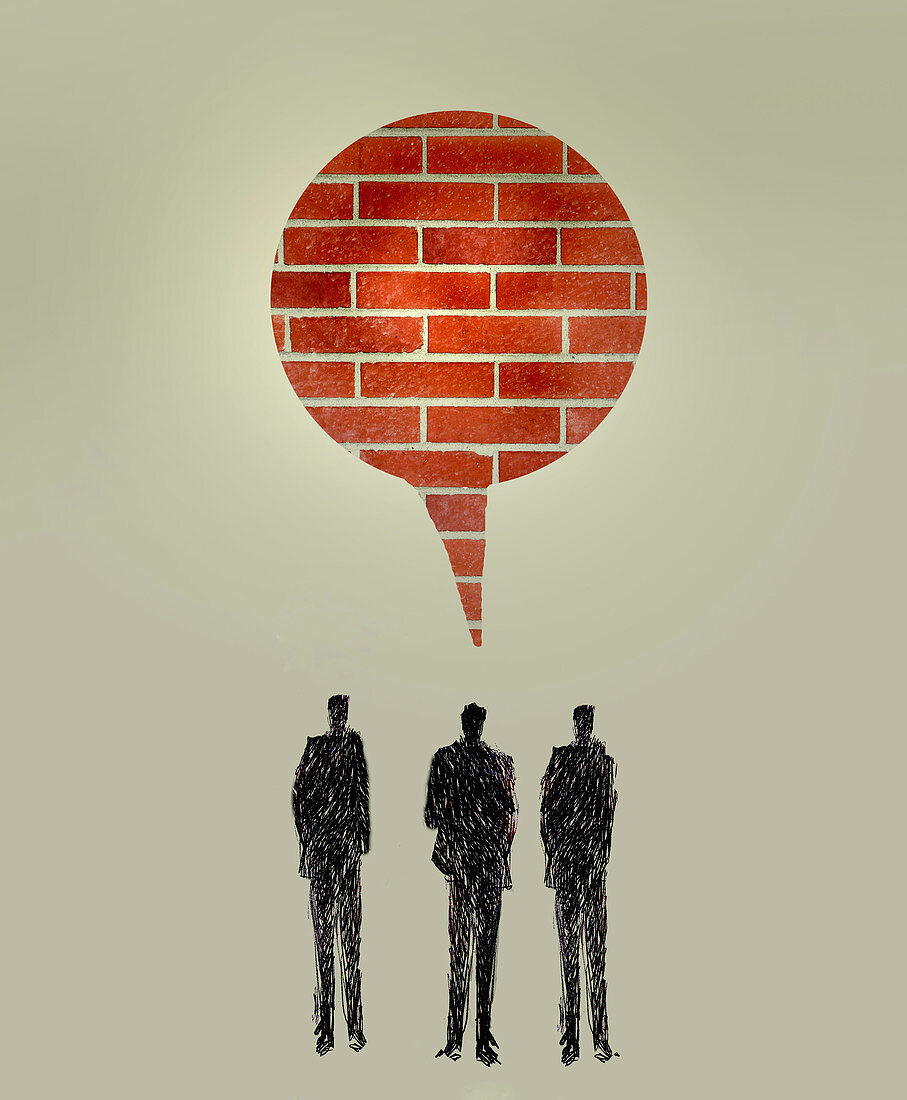 Brick wall speech bubble above businessmen, illustration