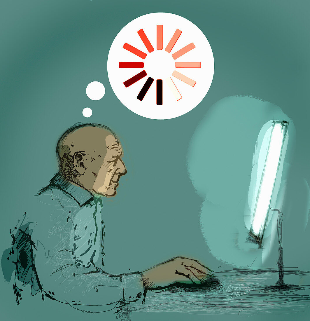 Senior man using desktop computer, illustration