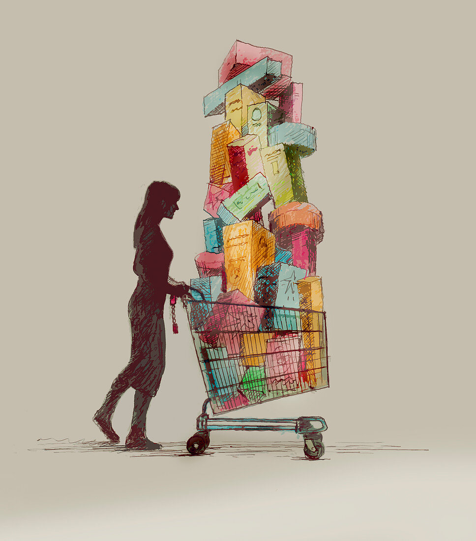 Woman pushing full shopping cart, illustration