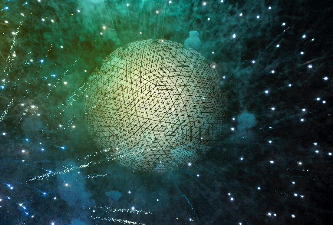 Grid pattern over exploding sphere, illustration
