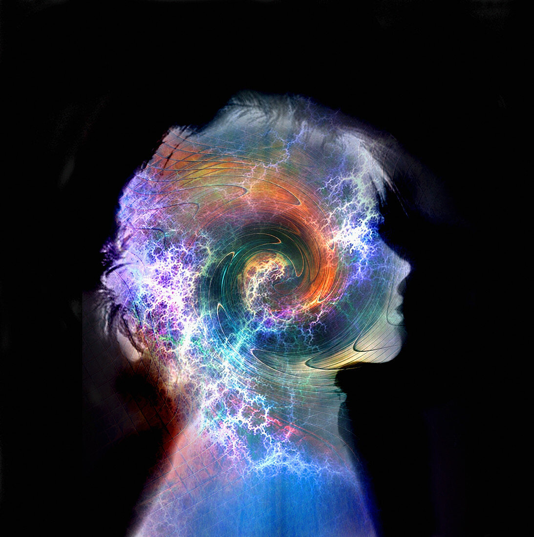 Swirling colours and sparks in boy's head, illustration