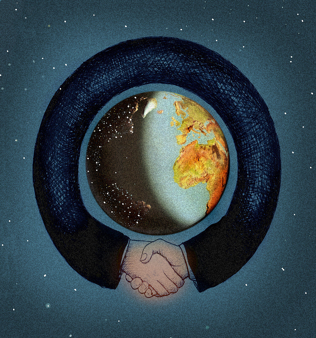 Arms shaking hands surrounding the globe, illustration