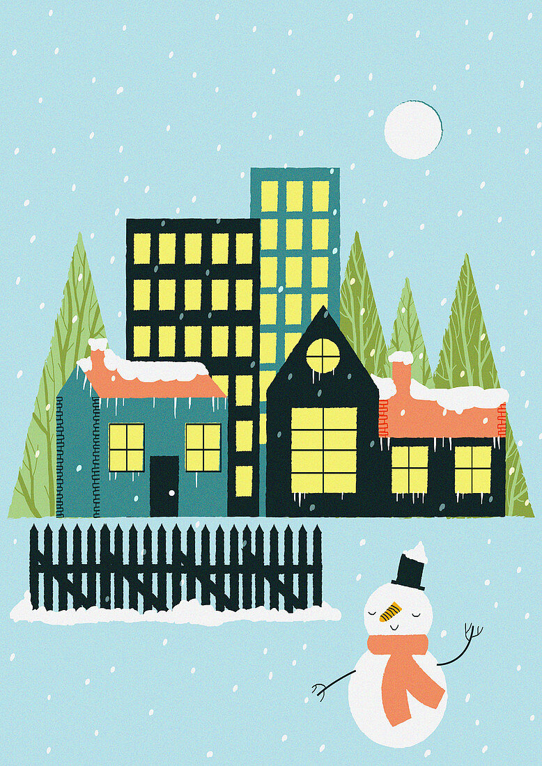 Snow falling over town and snowman, illustration