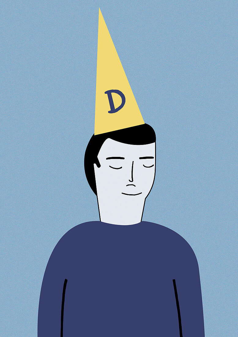 Man wearing dunce cap, illustration
