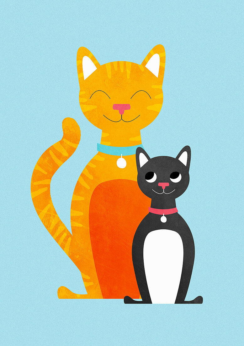 Two happy cats sitting side by side, illustration