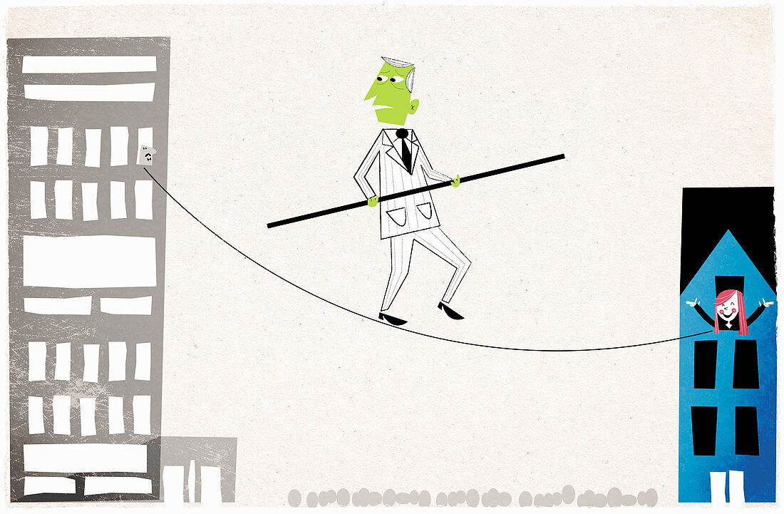 Man walking on tightrope, illustration