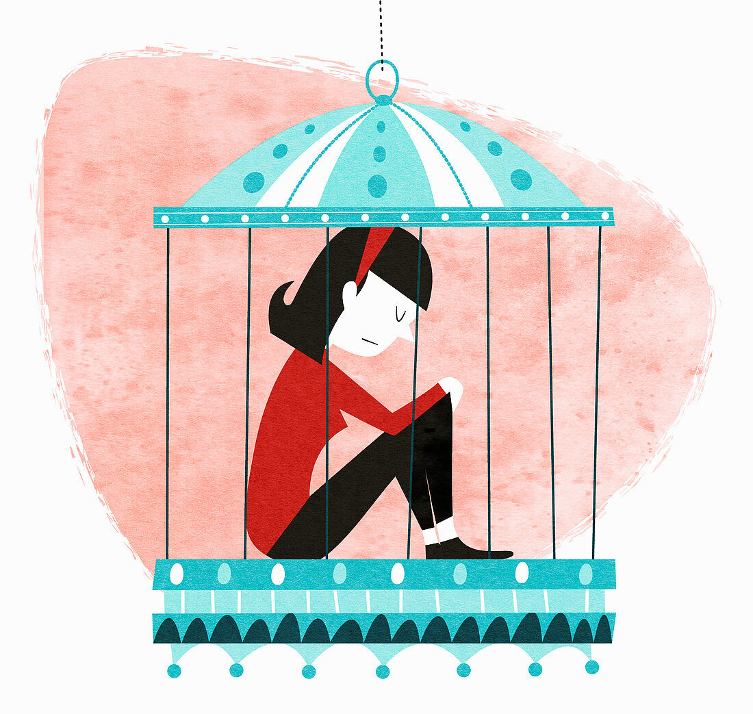 Unhappy woman sitting in birdcage, illustration