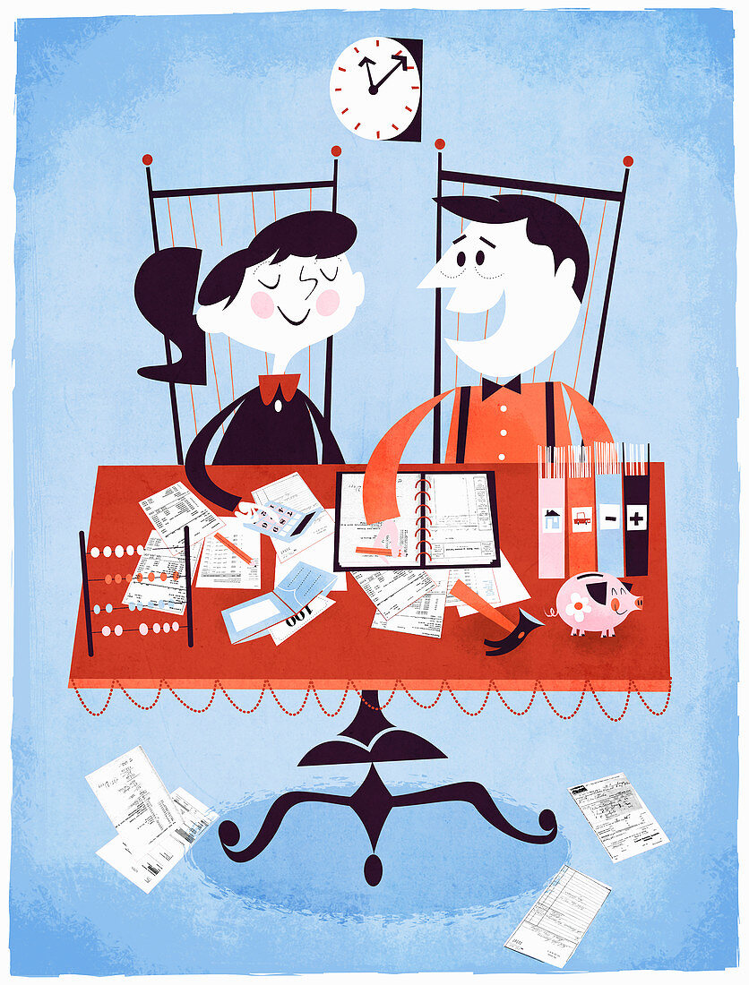 Couple paying bills at table, illustration
