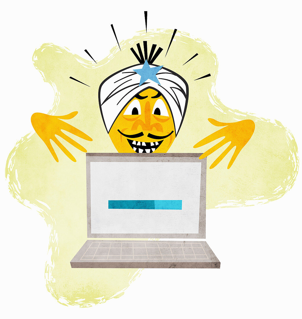 Genie in turban gesturing above laptop, illustration