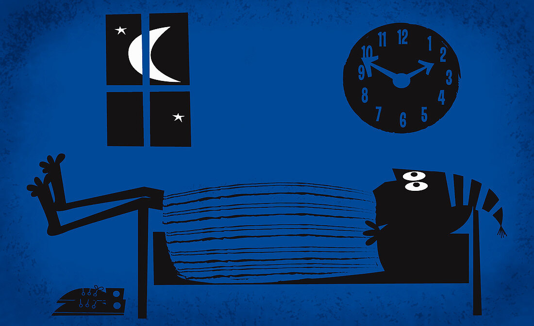 Sleepless wide-eyed man laying in bed at night, illustration