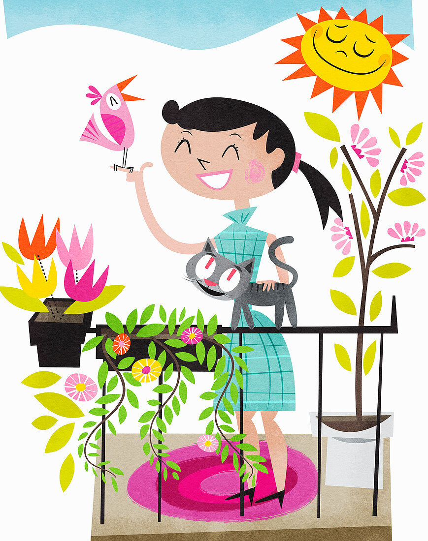 Happy woman on sunny balcony, illustration