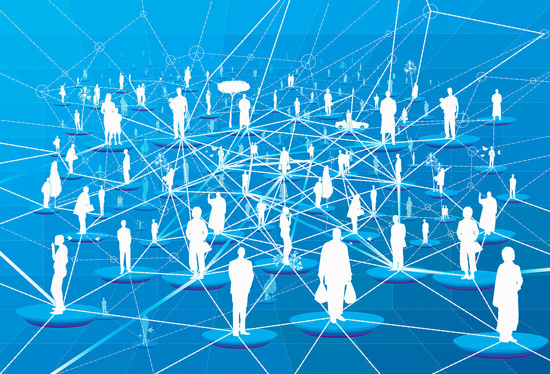 Lots of people connected in network grid, illustration
