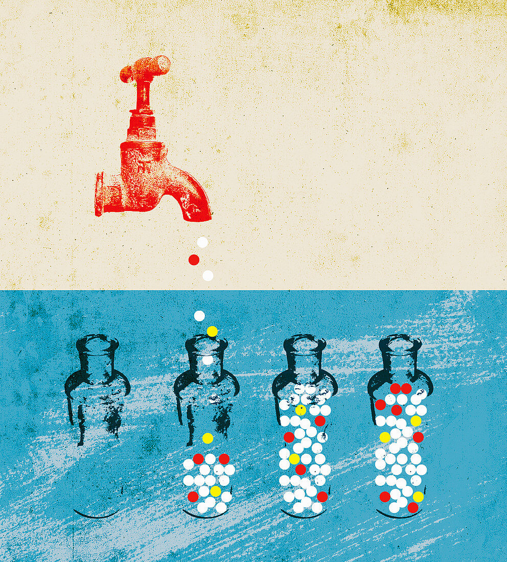 Pills dripping from faucet, illustration