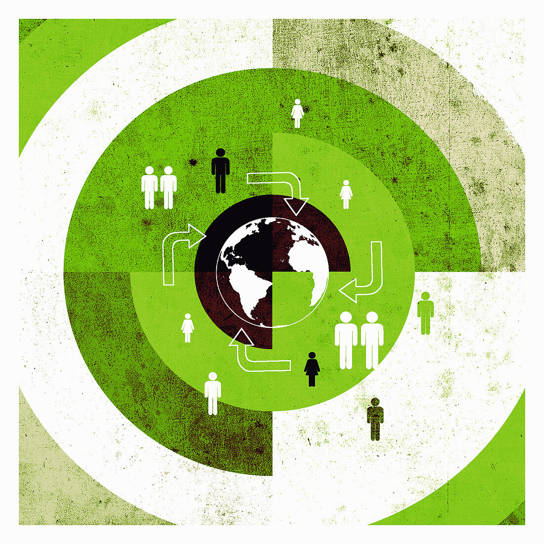 People and arrows on target around globe, illustration