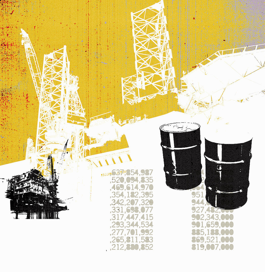 Oil barrels with stock prices, illustration