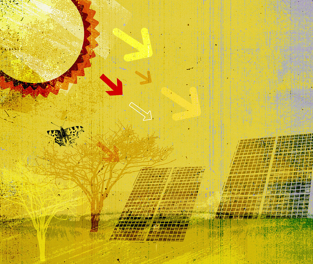 Sun's rays pointing at solar panels, illustration