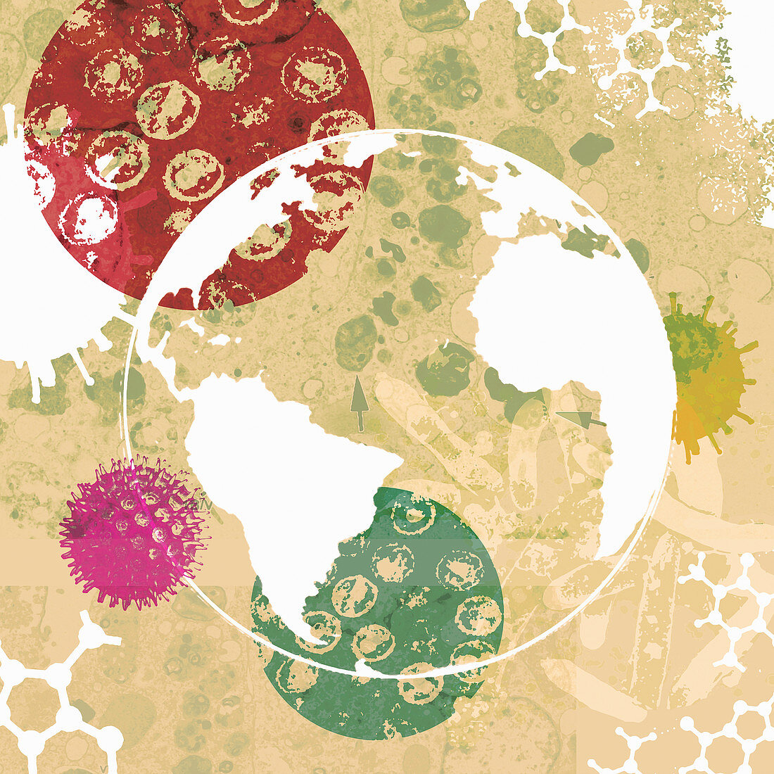 Globe surrounded by bacteria and viruses, illustration