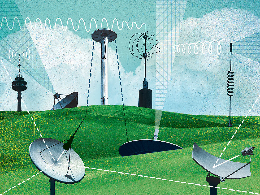 Variety of antennas and satellite dishes, illustration