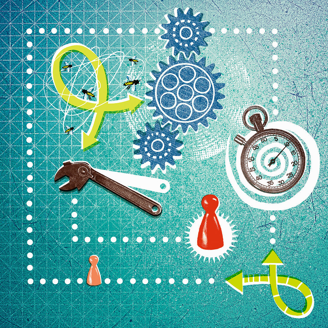 Game pieces, stopwatch and busy bees, illustration