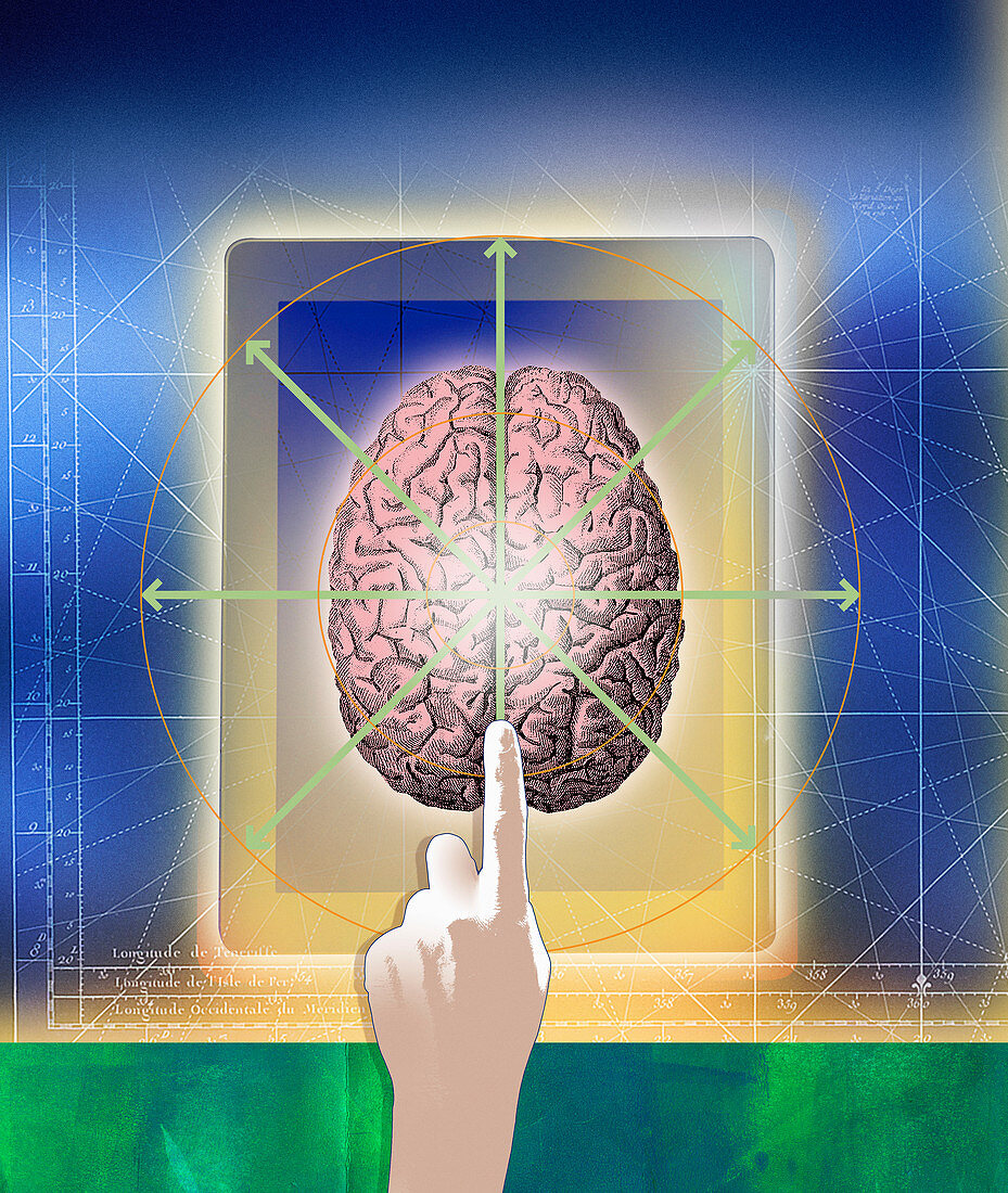 Finger pointing to brain on digital tablet, illustration