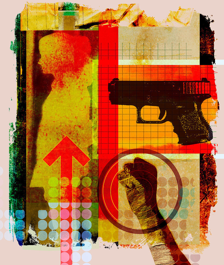 Collage of woman's silhouette and gun, illustration
