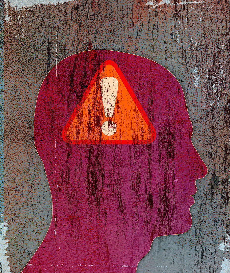 Exclamation point warning sign inside head, illustration