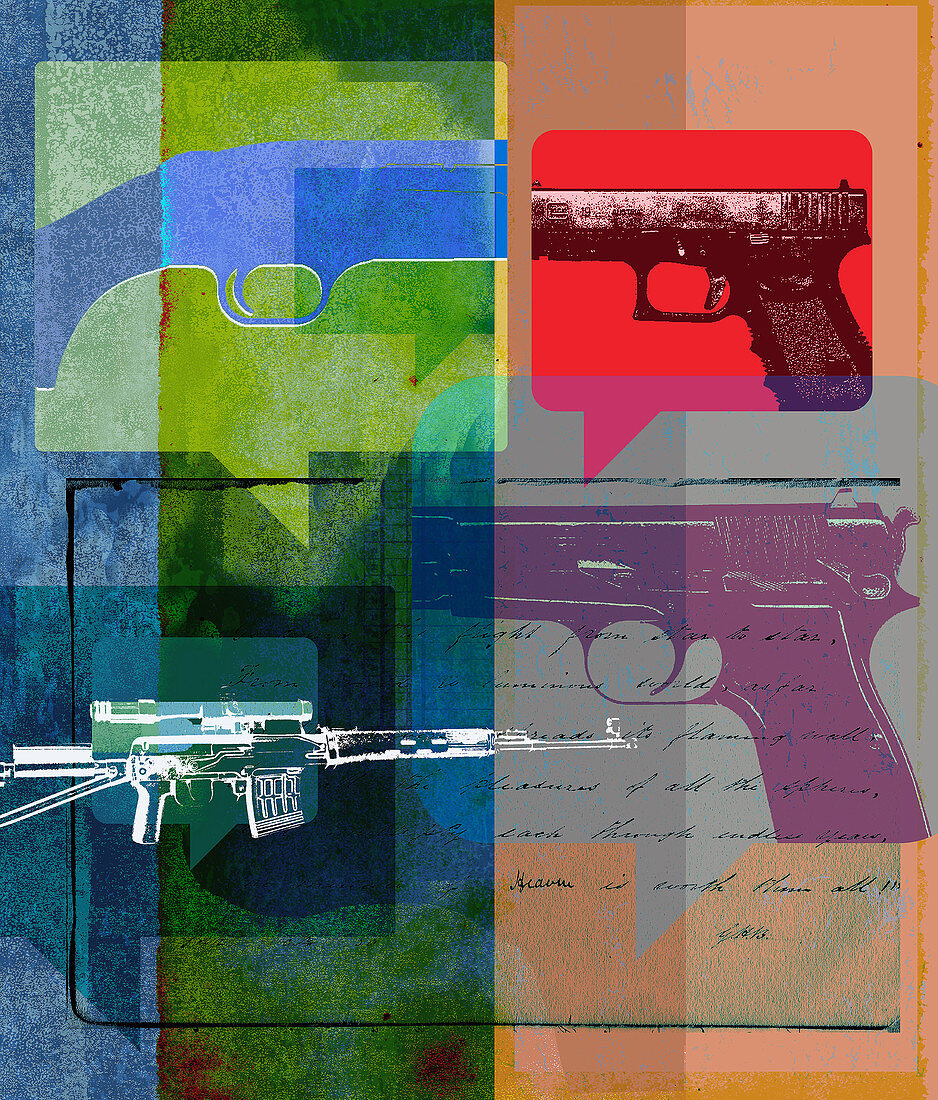 Variety of guns in speech bubbles, illustration
