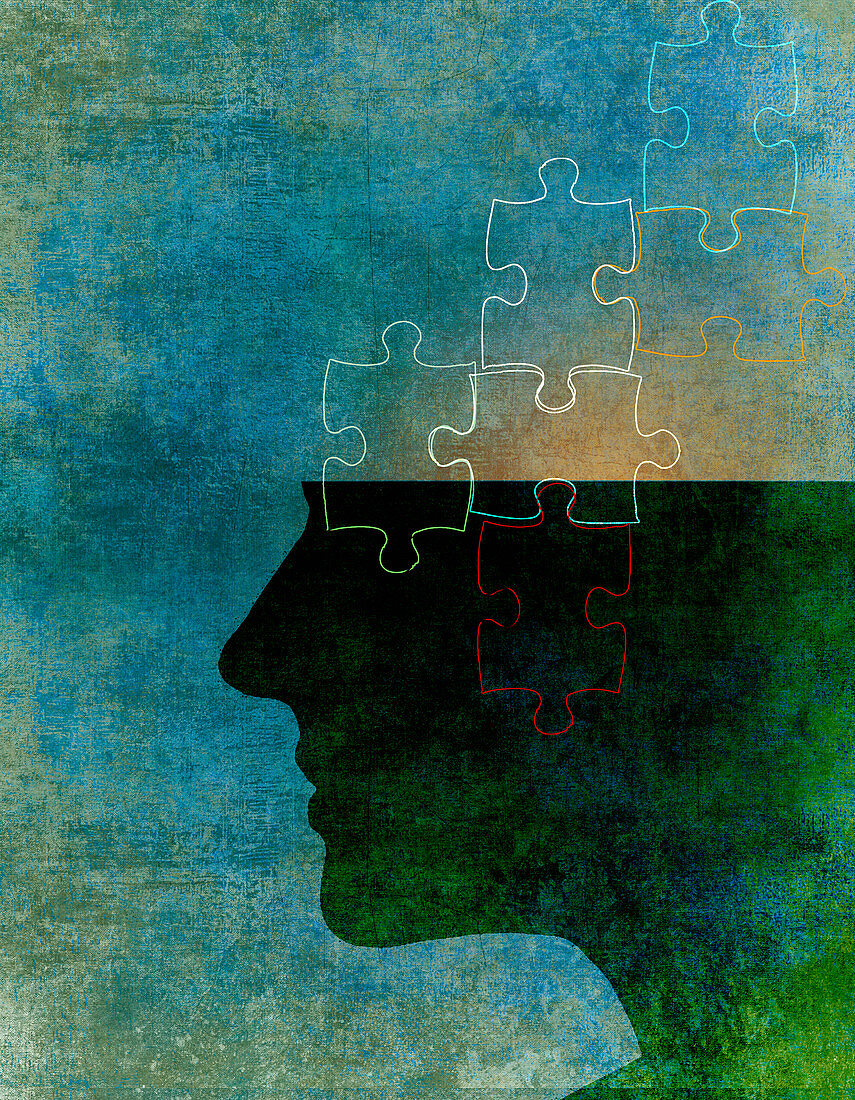 Jigsaw puzzle pieces inside of man's head, illustration