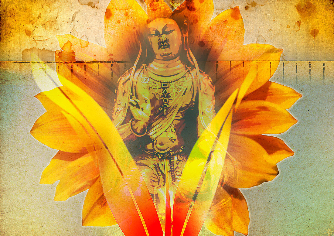 Lotus flower behind image of Buddha, illustration