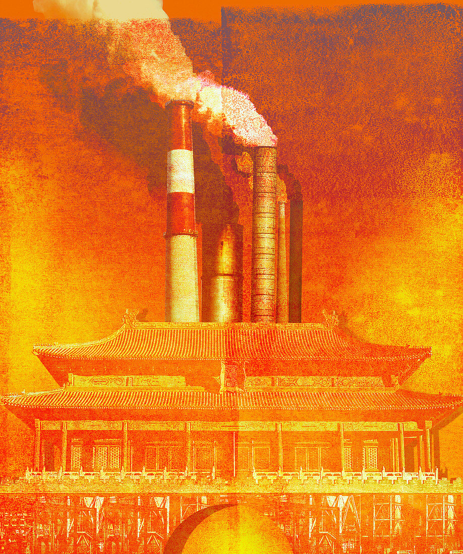 Air pollution behind Chinese temple, illustration