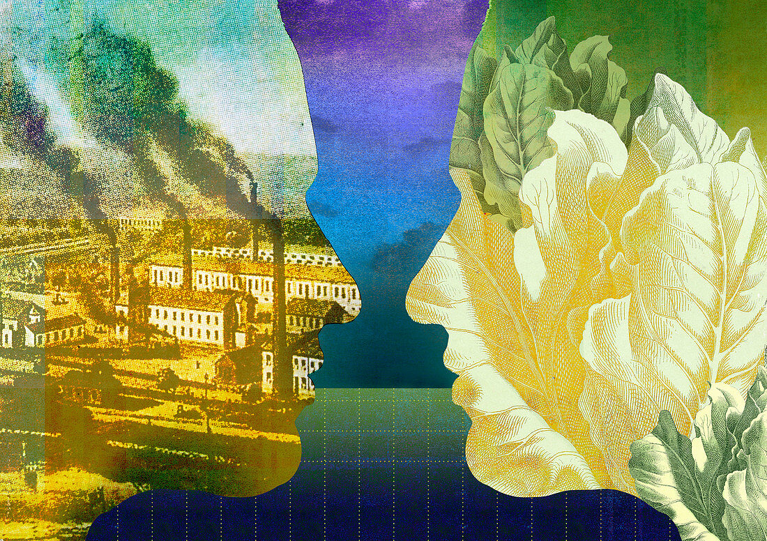 Two profiles as pollution and environment, illustration