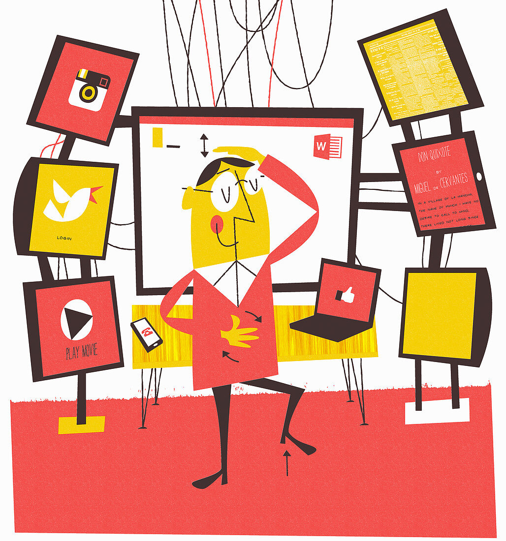Man multi-tasking using computer technology, illustration