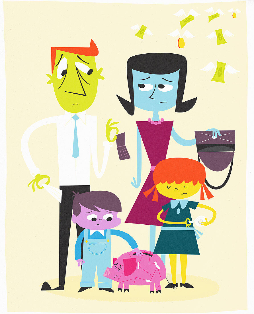 Poor family with empty pockets, illustration