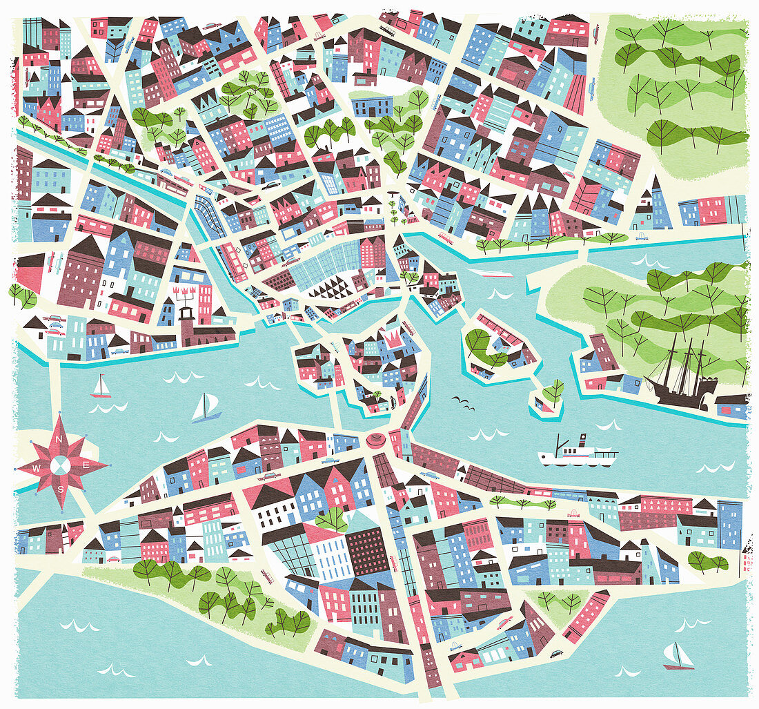 Illustrated map of Stockholm, Sweden, illustration