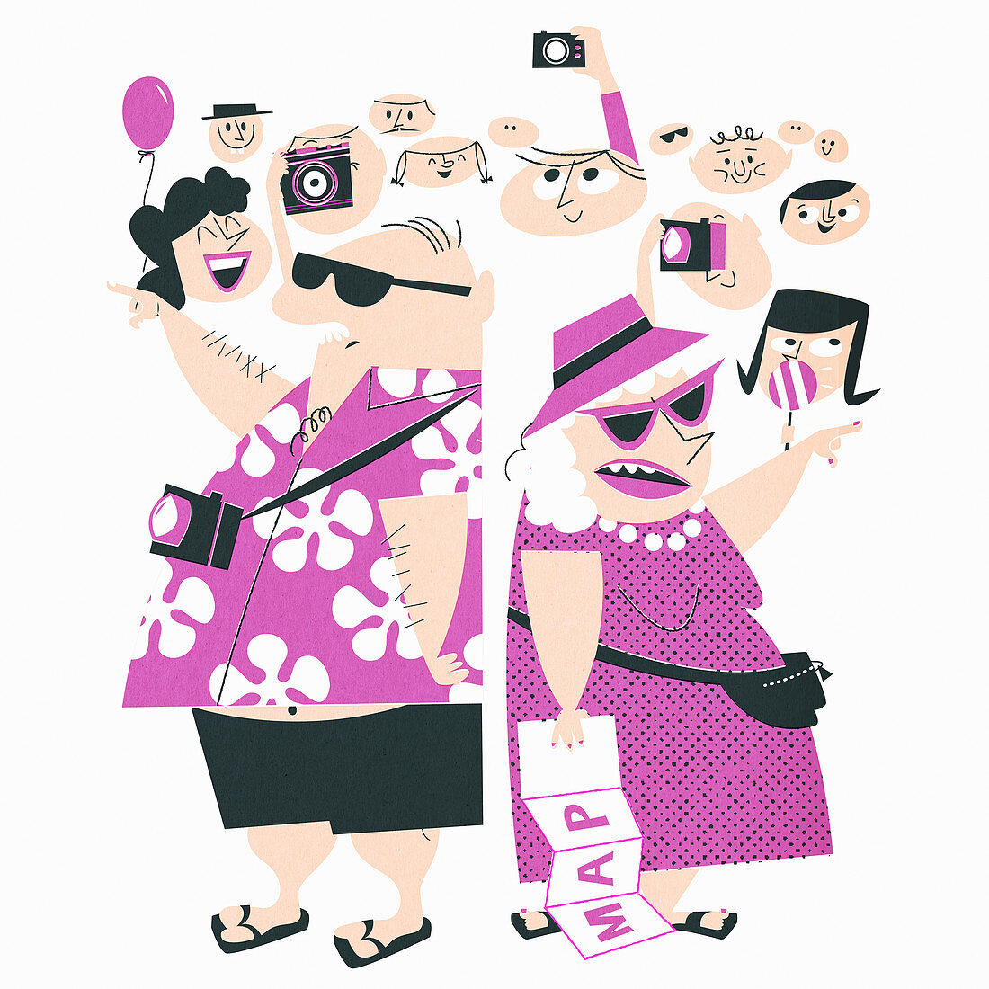 Happy tourists and lost overweight couple, illustration