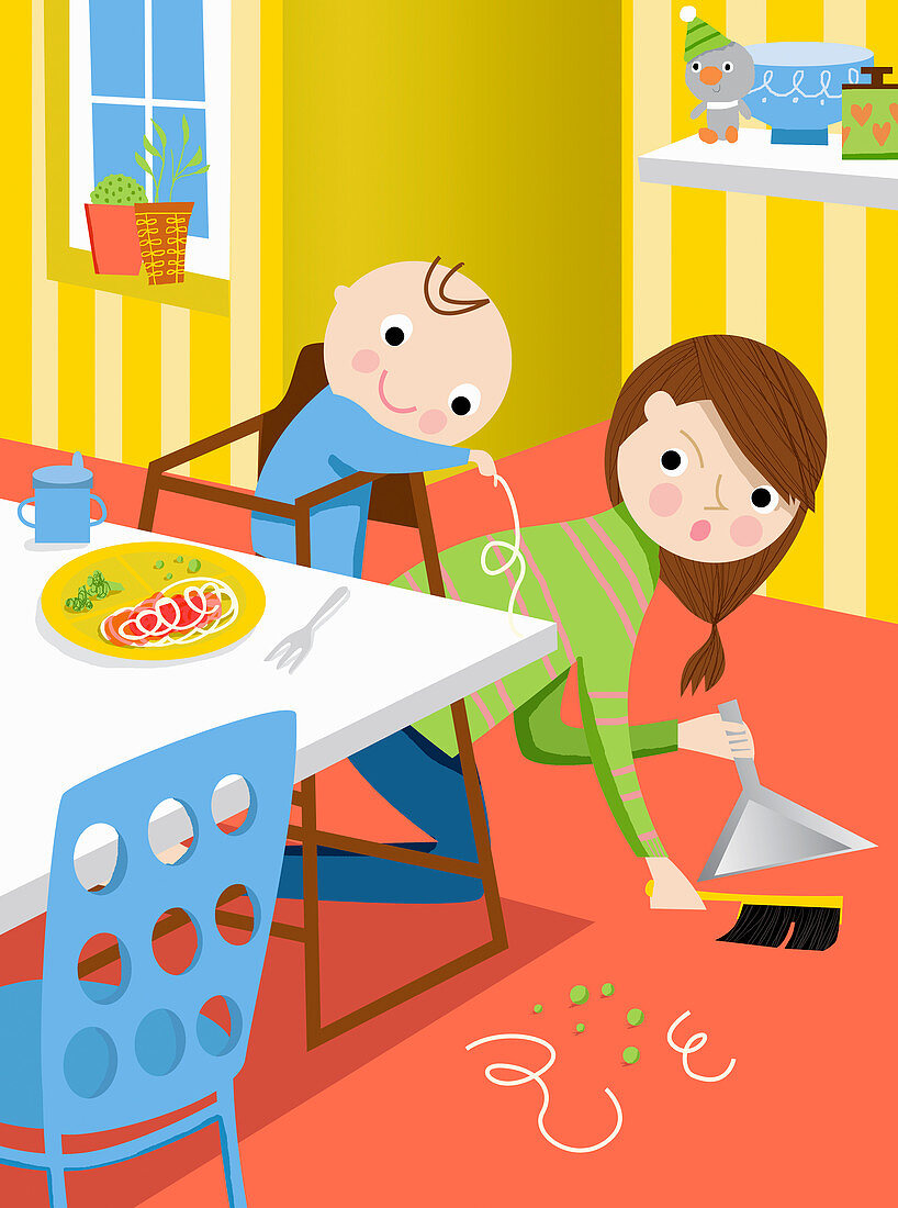 Mother cleaning up food on floor, illustration