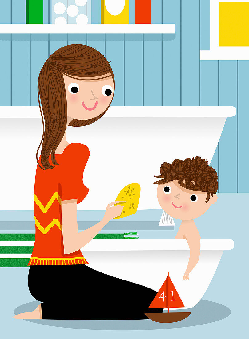 Mother bathing son in baby bathtub, illustration