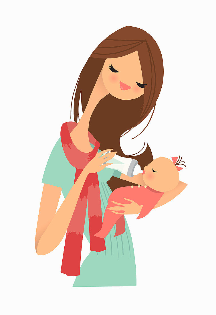 Mother feeding baby girl with bottle, illustration