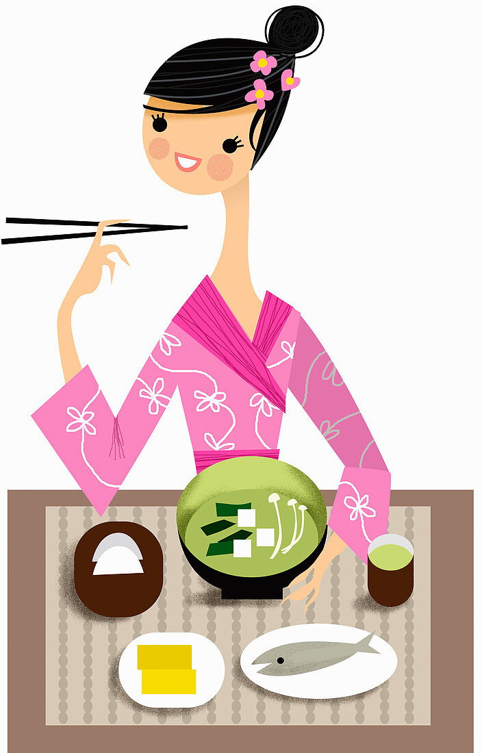 Woman enjoying Japanese food, illustration